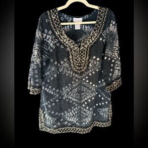 Soft Surroundings Blue and White Tunic with Gold Accents Size PL